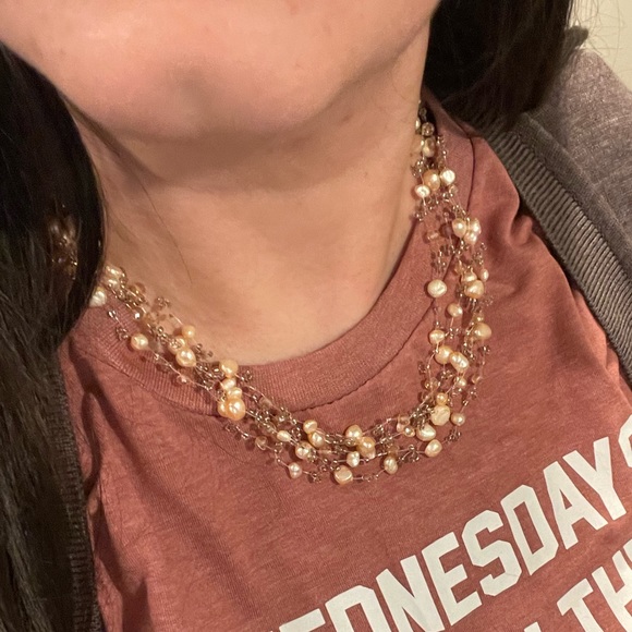 NEW Pink Gold Pearls Beaded multi layer necklace dangling earrings set - Picture 7 of 9